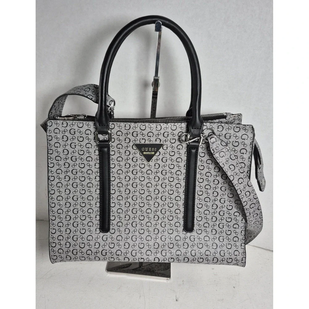 GUESS Logo Satchel Handbag Black Grey Monogram Structured Top Handle‎ Crossbody